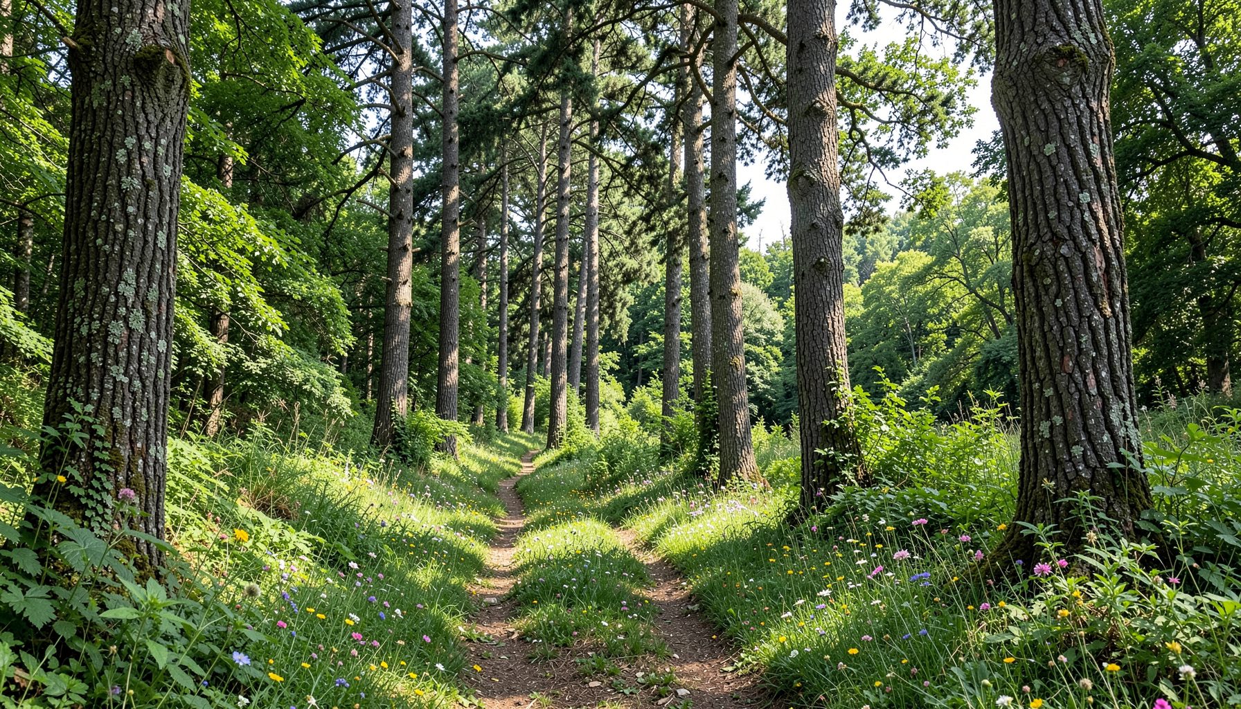 Sentiero nel bosco fiancheggiato da alberi ad alto fusto e fiori selvatici, luce solare filtrata, toni verdi naturali
