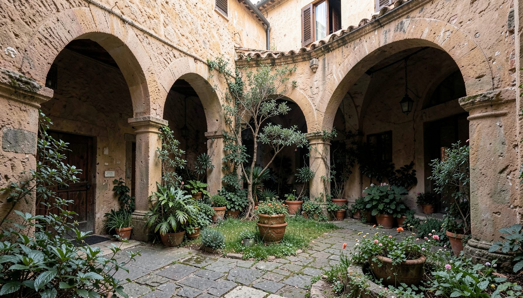 Cortile in pietra con colonnato ad archi, piante in vaso e vegetazione, muri in arenaria, atmosfera rustica e tranquilla