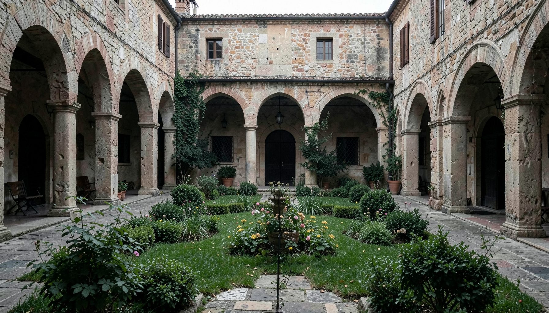 Cortile storico in pietra con porticato ad archi che circonda un giardino curato con fiori e arbusti, toni terrosi
