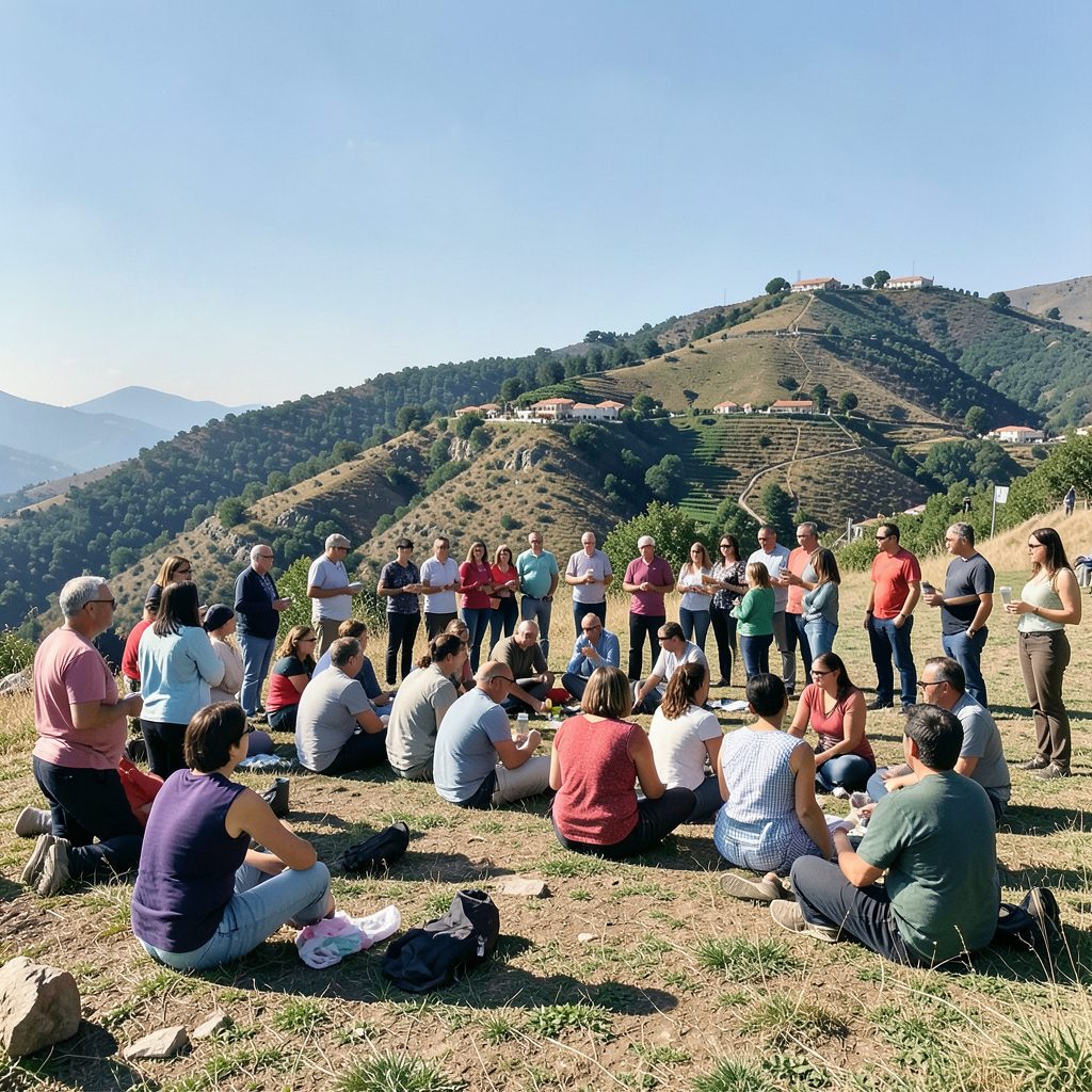 Raduno all'aperto sulla collina con persone riunite in un'atmosfera comunitaria sotto il sole, toni caldi e naturali