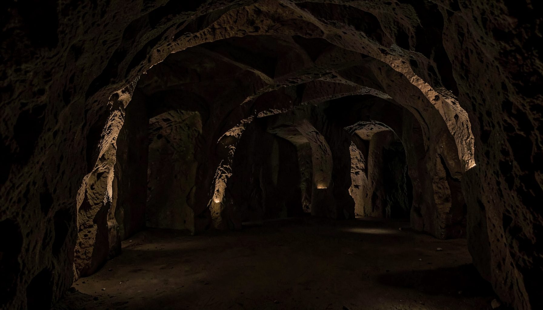 Tunnel sotterraneo in pietra con volte ad arco e illuminazione soffusa, atmosfera misteriosa e antica