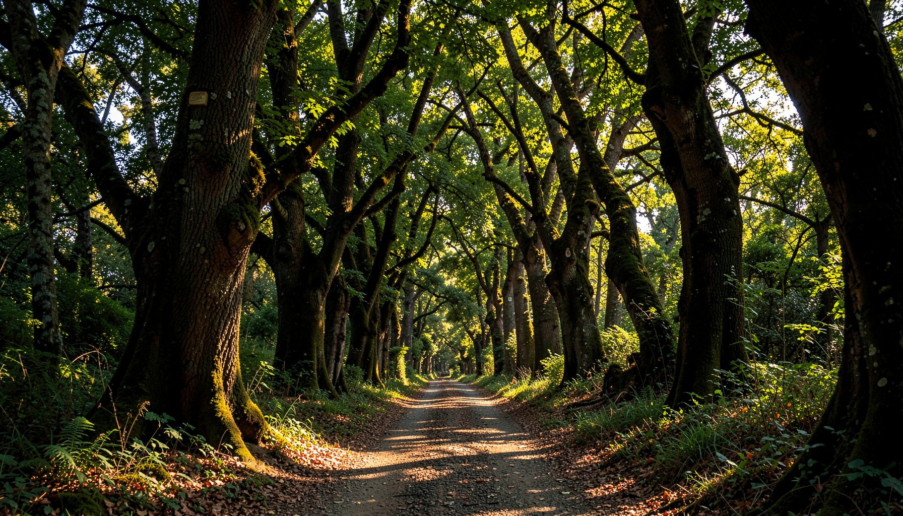 Sentiero sterrato tra gli alberi con rami che formano un arco naturale sopra il cammino, luce soffusa sul terreno