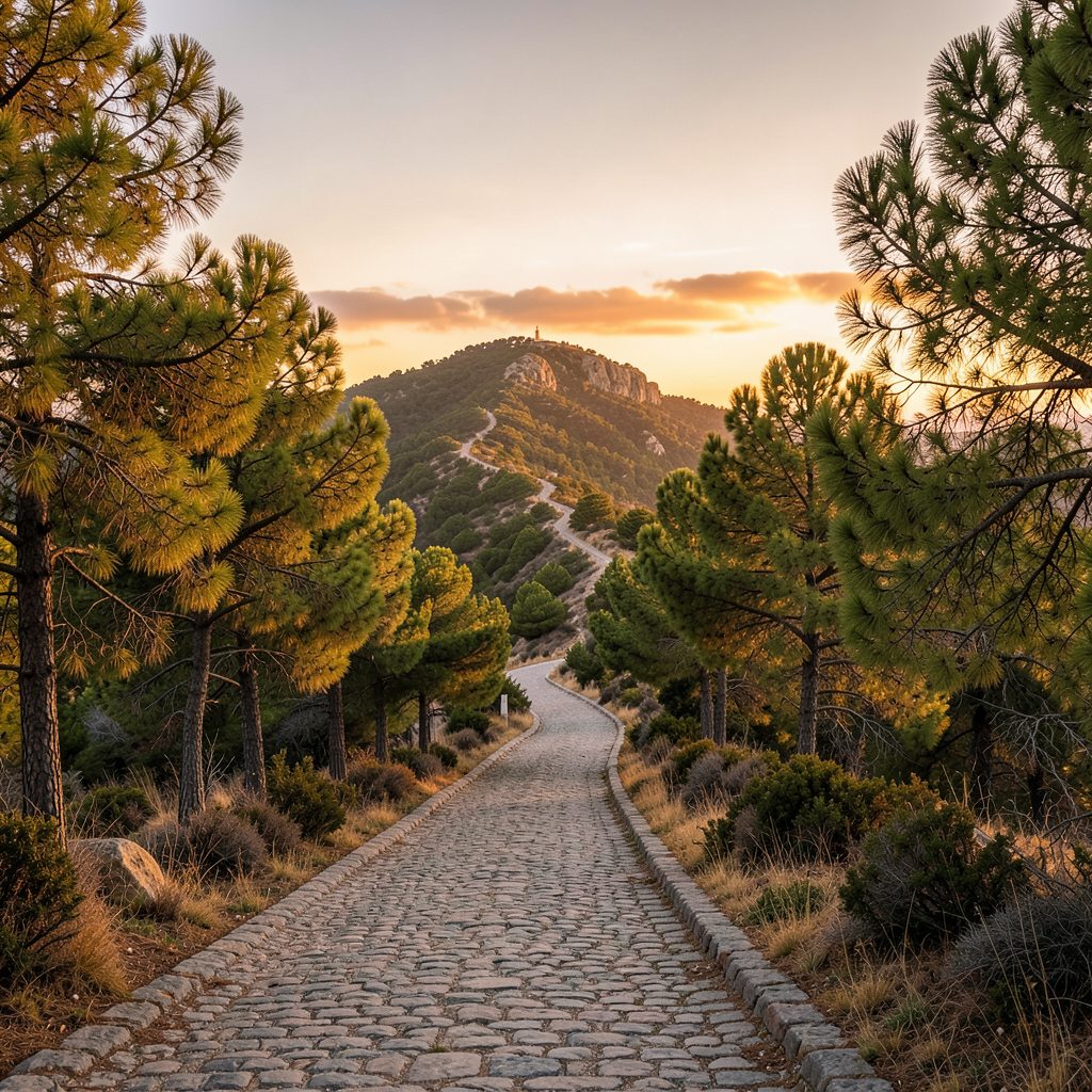 Strada panoramica che sale verso la collina, contornata da pini mediterranei e luce dorata del tramonto