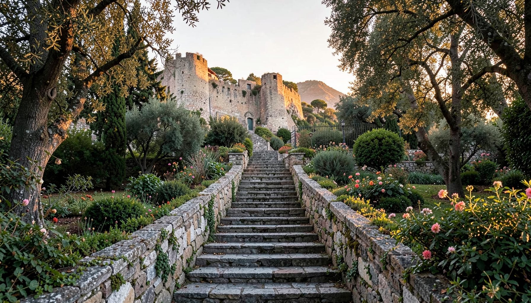 Scalinata in pietra fiancheggiata da aiuole e alberi che sale verso un antico muro di fortezza con torri, luce calda serale